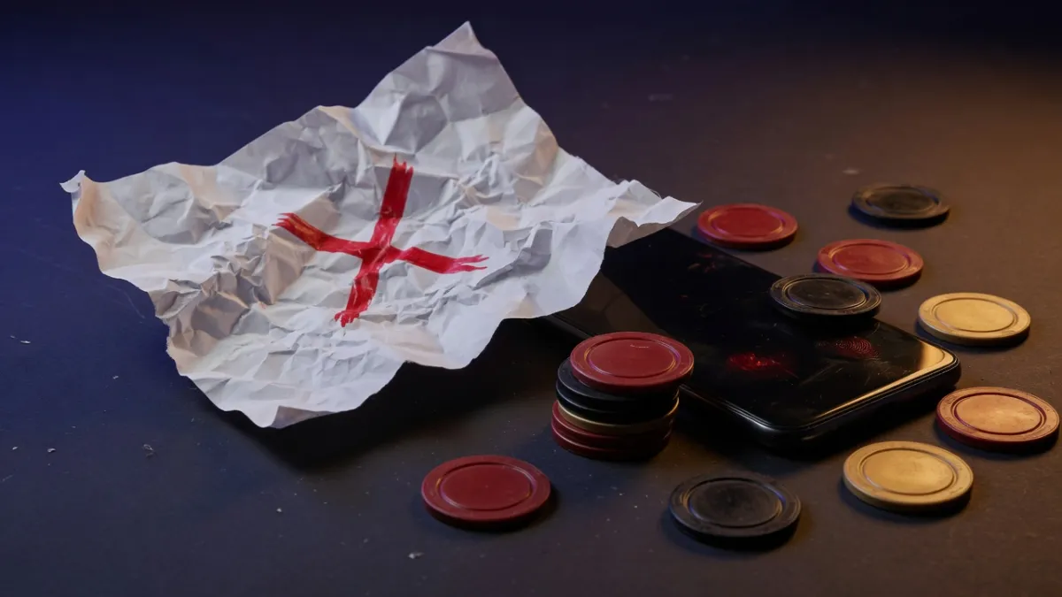 Crossed-out paper next to a smartphone and casino chips